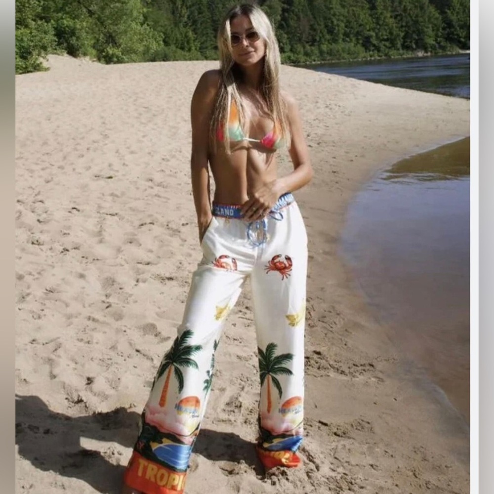 Rachel Zoe NWT Vibrant Print Tropical Beach Resort Wear Pants (Size Medium) - Picture 2 of 8